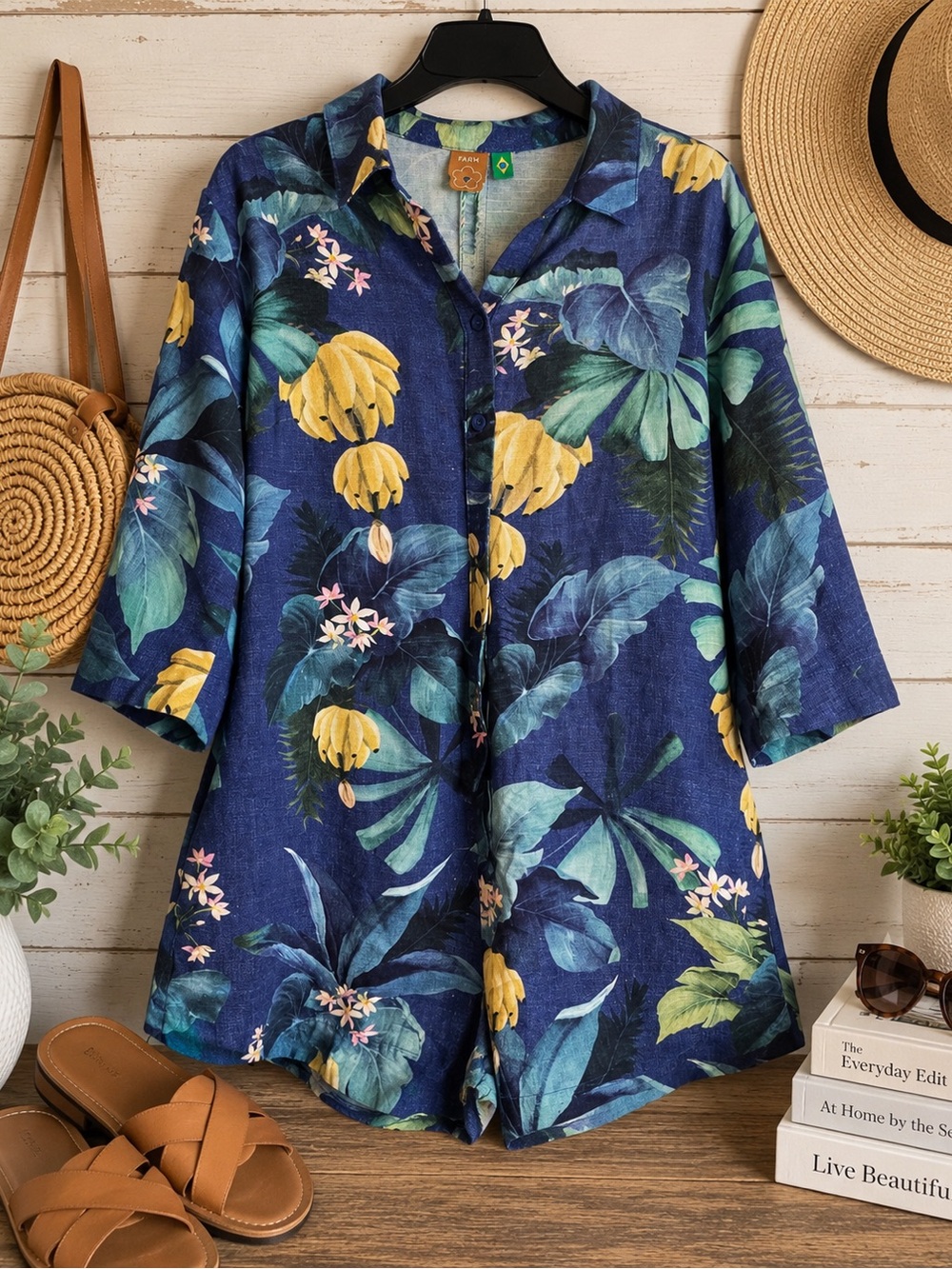 FARM Rio Navy Tropical Floral Button-Front Jumpsuit with Yellow Blooms